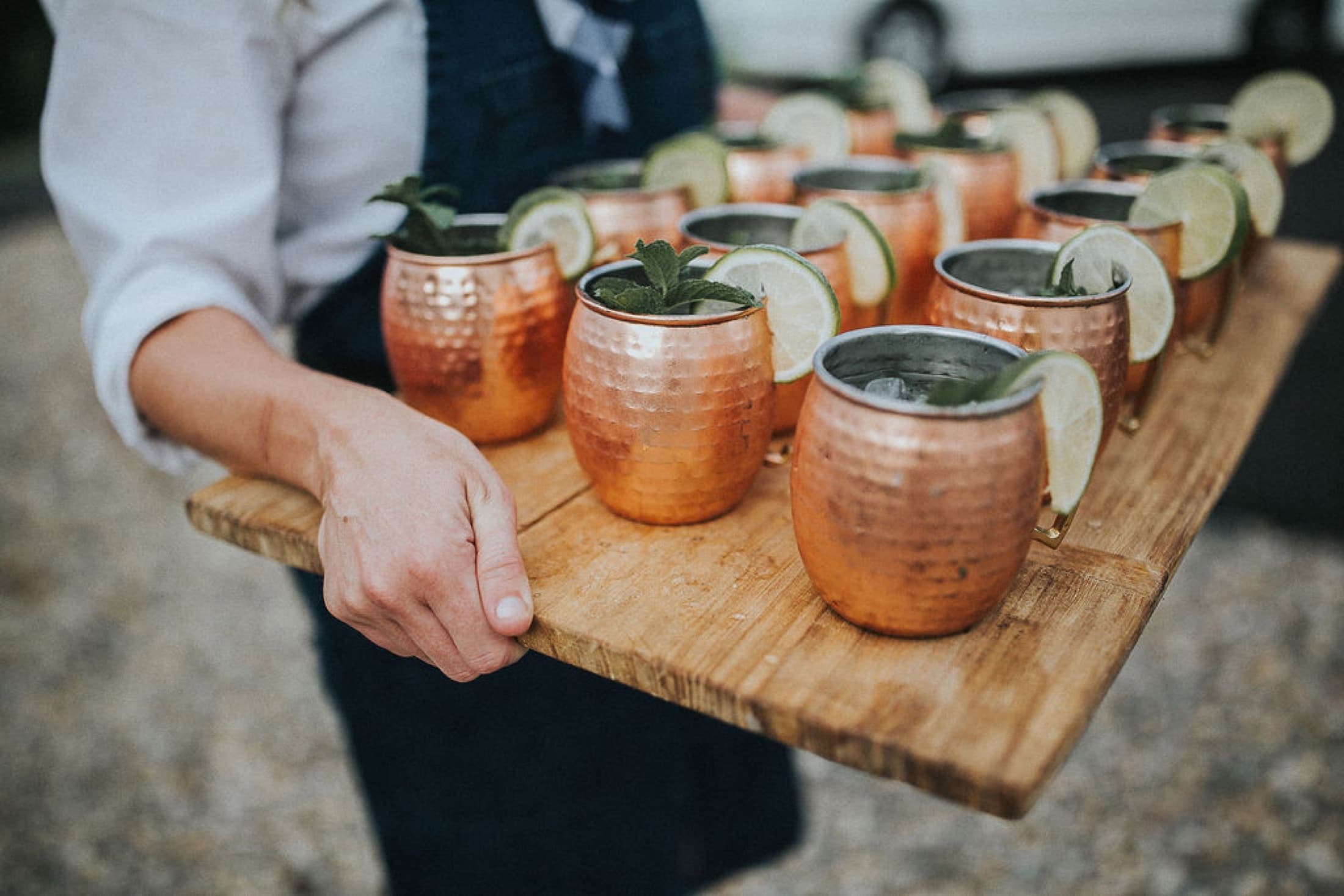 Tray of copper mugs