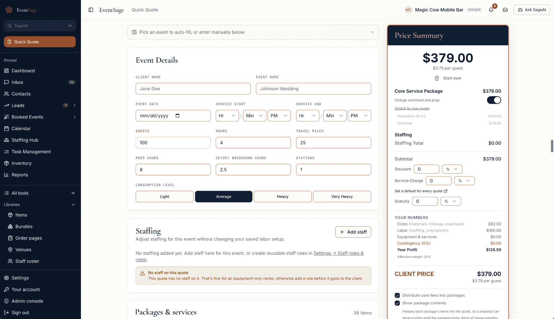 EventSage Quick Quote screen